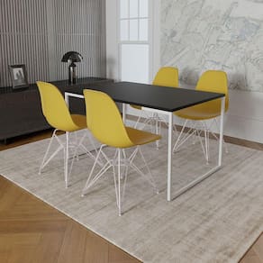 Mesa Industrial Base Ferro Branco Tampo 137X90 Preto 4 Cadeiras Ferro Branco Assento Amarelo Preto