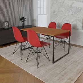 Mesa Industrial Base Ferro Preto Tampo 137X90 Canela 4 Cadeiras Ferro Preto Assento Vermelho Marrom