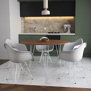 Mesa Jantar Redonda 110Cm Amêndoa Clips 3 Pés Com 5 Poltronas Brancas Ferro Branco - Cor: Amendoa
