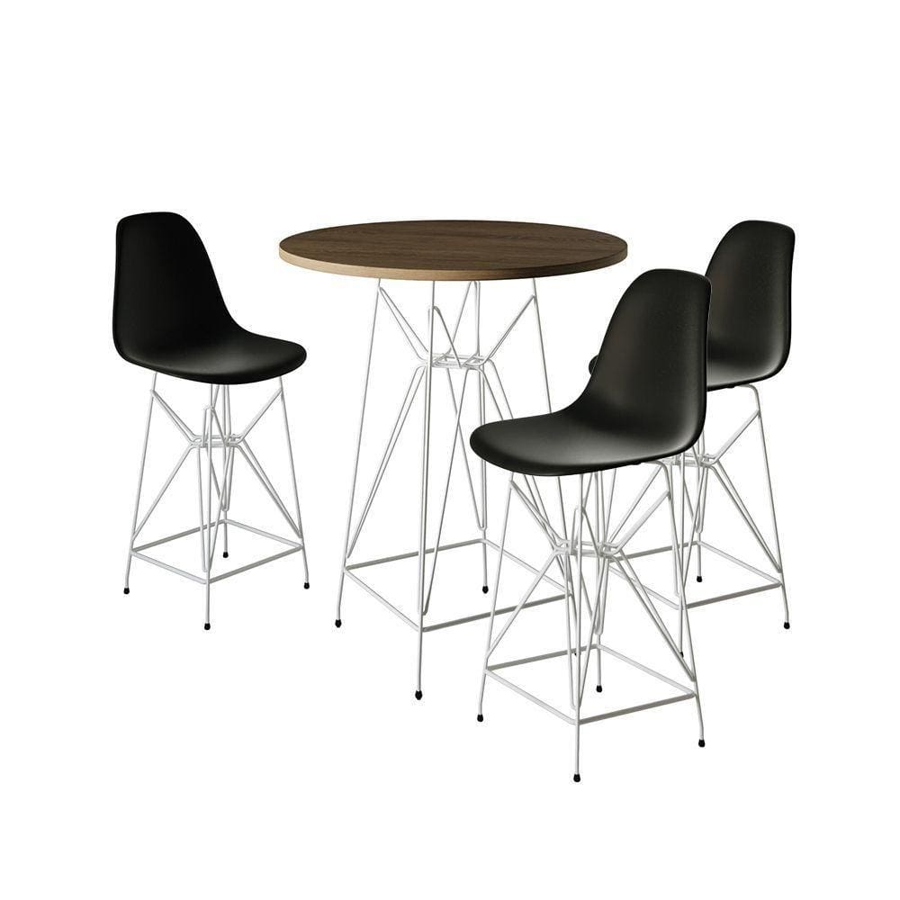Jogo Mesa Bistrô Eames Tampo Amêndoa 60Cm 3 Banquetas Preta Base Ferro Branco - Cor: Amendoa