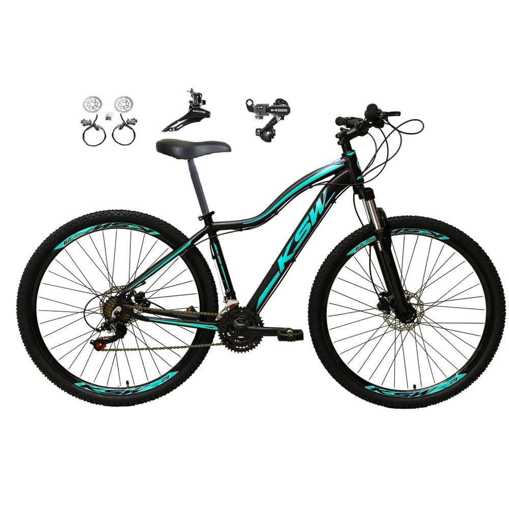 Bicicleta Feminina aro 29 Ksw Mwza 24v Câmbios Shimano Freios Hidráulicos Garfo com Suspensão - Preto/Azul
