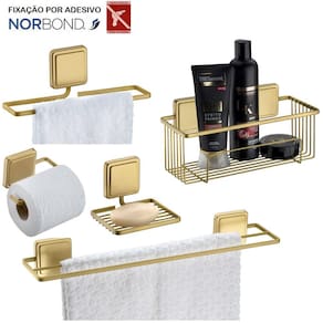 Kit 5 Peças Acessórios De Banheiro Toalheiro Saboneteira Papeleira Adesivo Dupla Face Dourado - Future