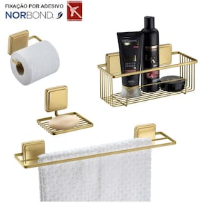 Kit Toalheiro Suporte Shampoo Saboneteira Porta Papel Higiênico Banheiro Adesivo Dupla Face Dourado - Future