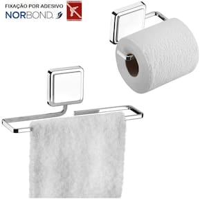 Kit Toalheiro Rosto Porta Toalha Suporte Papel Higiênico Banheiro Adesivo Dupla Face Cromado - Future