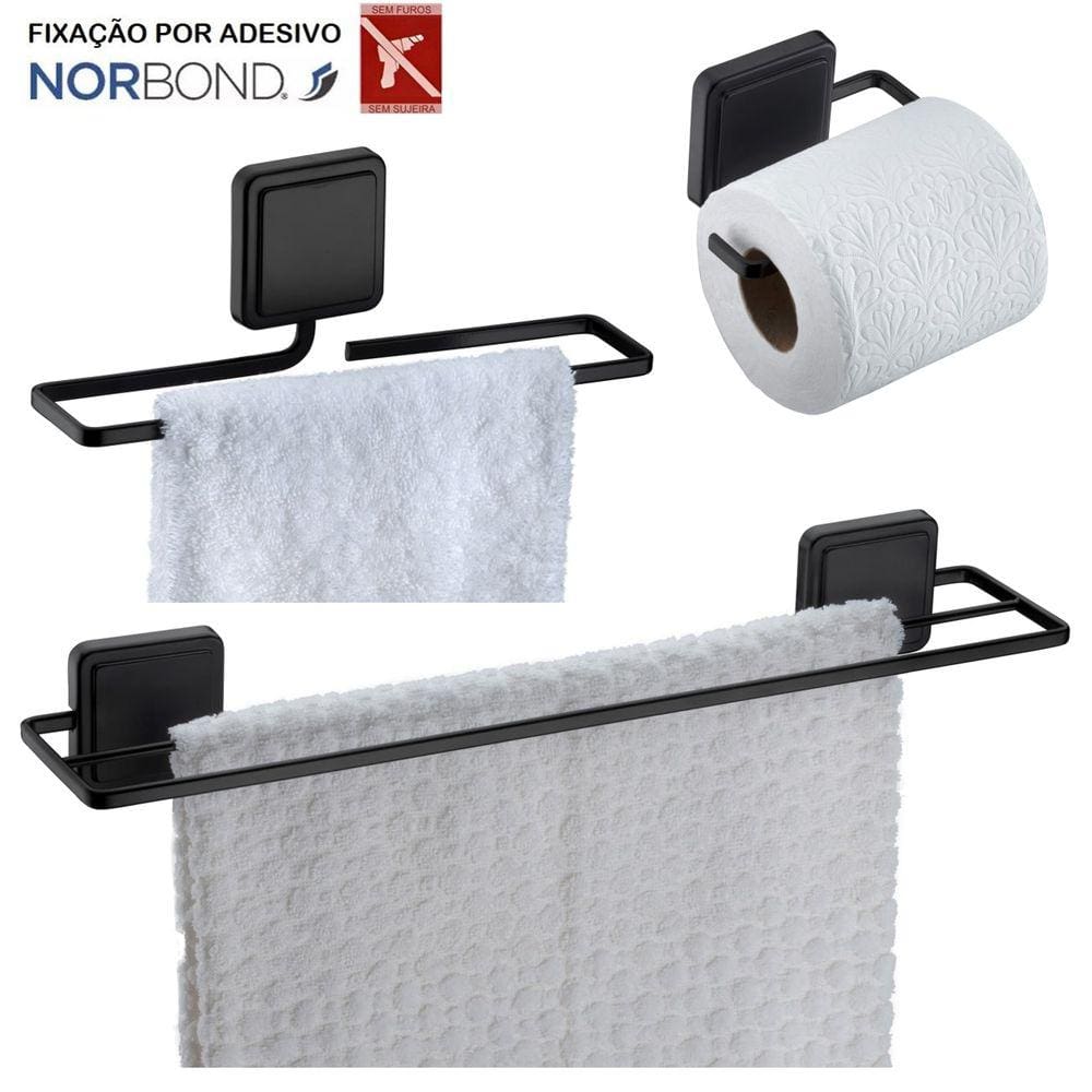 Kit Toalheiro Duplo Porta Toalha Rosto Suporte Papel Higiênico Banheiro Adesivo Dupla Face Preto Fosco - Future