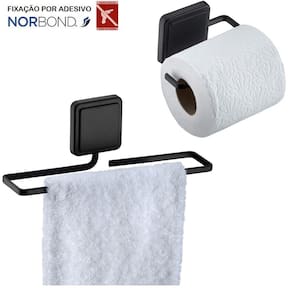 Kit Toalheiro Rosto Porta Toalha Suporte Papel Higiênico Banheiro Adesivo Dupla Face Preto Fosco - Future
