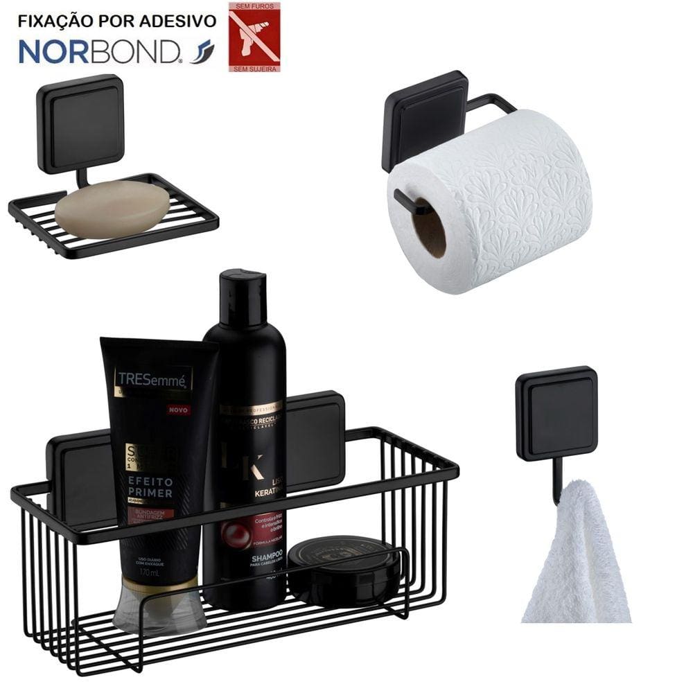 Kit Porta Shampoo Saboneteira Suporte Papel Higiênico Gancho Banheiro Adesivo Dupla Face Preto Fosco - Future