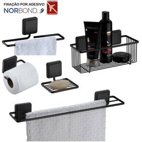 Kit 5 Peças Acessórios De Banheiro Toalheiro Saboneteira Papeleira Adesivo Dupla Face Preto Fosco - Future
