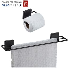 Kit Toalheiro Duplo Porta Toalha Suporte Papel Higiênico Banheiro Adesivo Dupla Face Preto Fosco - Future