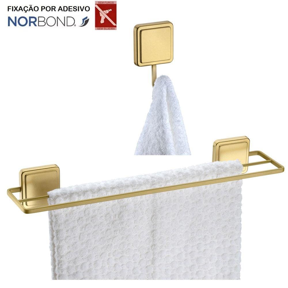 Kit Toalheiro Duplo Porta Toalha Gancho Multiuso Banheiro Adesivo Dupla Face Dourado - Future