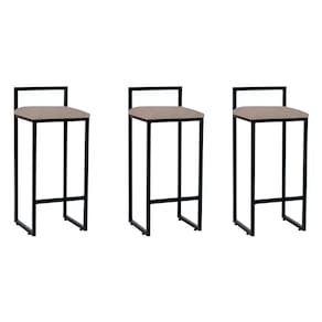 Kit 3 Banquetas Altas Industriais Em Aço Dori Preto Assento Suede Bege - Preto