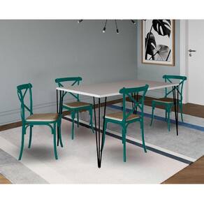 Jogo De Mesa Elen Retangular 140X80Cm Branco Com 4 Cadeiras Katrina Azul Turquesa A - Azul