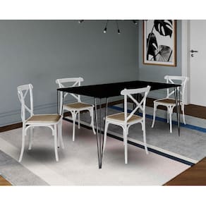 Jogo De Mesa Elen Retangular 140X80Cm Preto Com 4 Cadeiras Katrina Branca Assento B - Preto