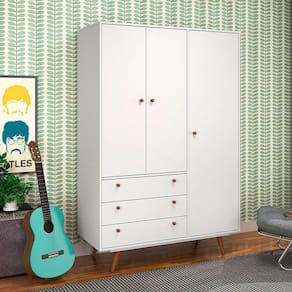 Guarda Roupa Solteiro 3 Portas 3 Gavetas Retrô 20 Olivar - Cor: Branco