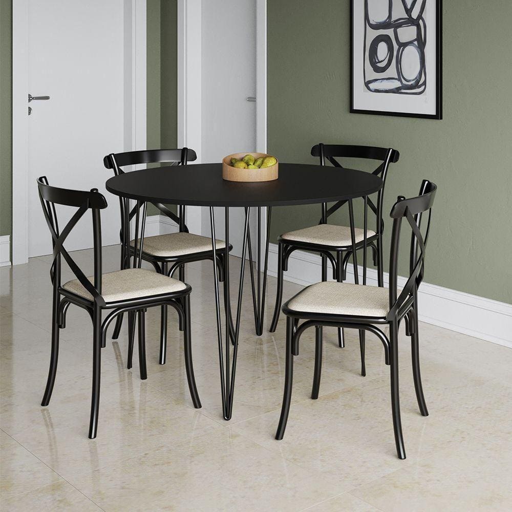 Mesa Jantar Redonda Preta Elen 110Cm Hairpin Com 4 Cadeiras Katrina Preta - Preto