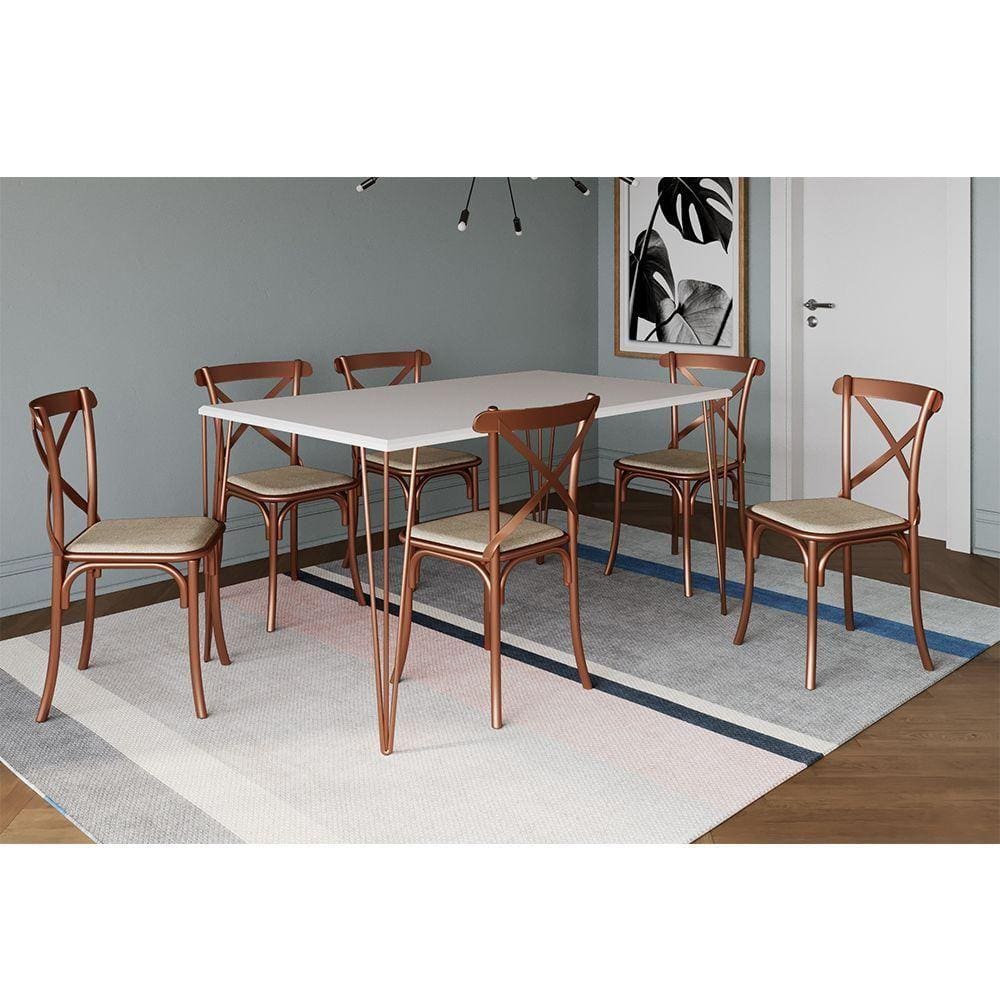 Conjunto Mesa De Jantar Elen Com 6 Cadeiras Katrina Base Cobre E Tampo Branco 150Cm - Branco
