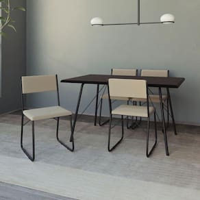 Mesa Jantar Paraty 137Cm Tampo Preto Com 4 Cadeiras Angra Estofadas Preta E Bege - Preto