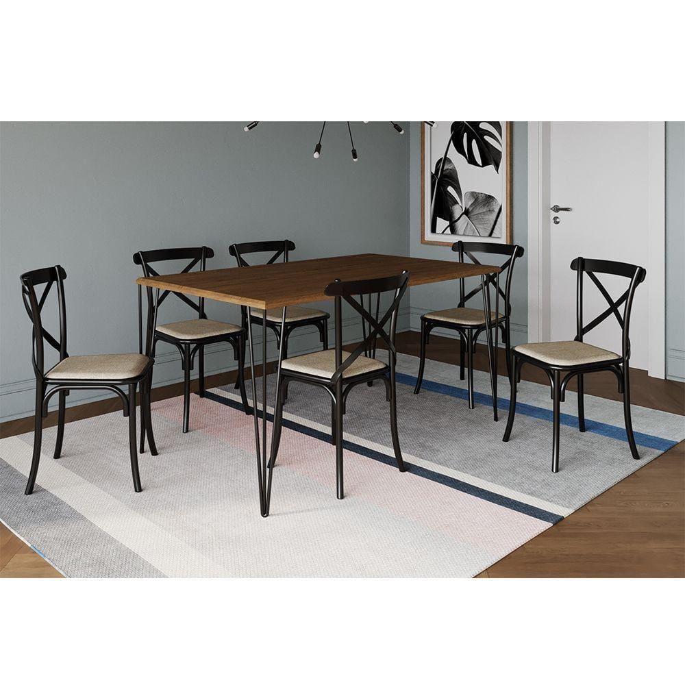 Conjunto Mesa De Jantar Elen Com 6 Cadeiras Katrina Base Preta E Tampo Amêndoa 150Cm - Marrom