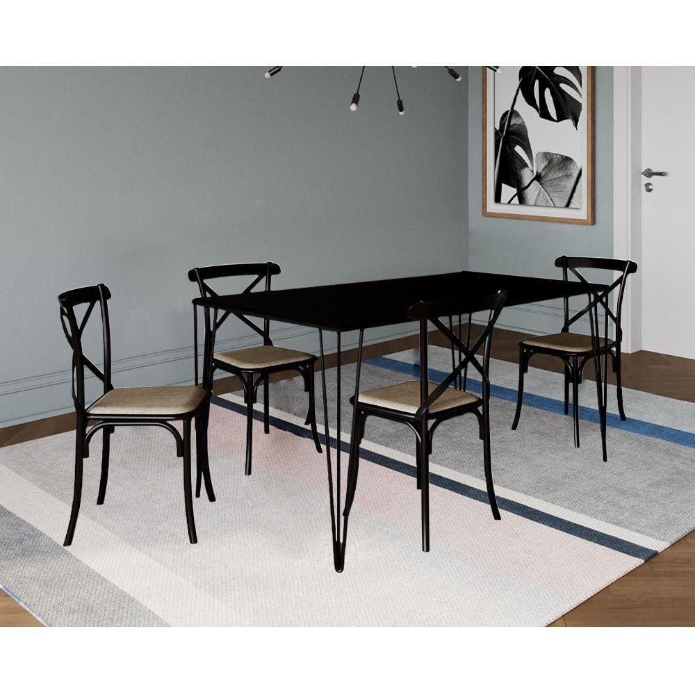 Jogo De Mesa Elen Retangular 140X80Cm Preto Com 4 Cadeiras Katrina Preto Assento Be - Preto