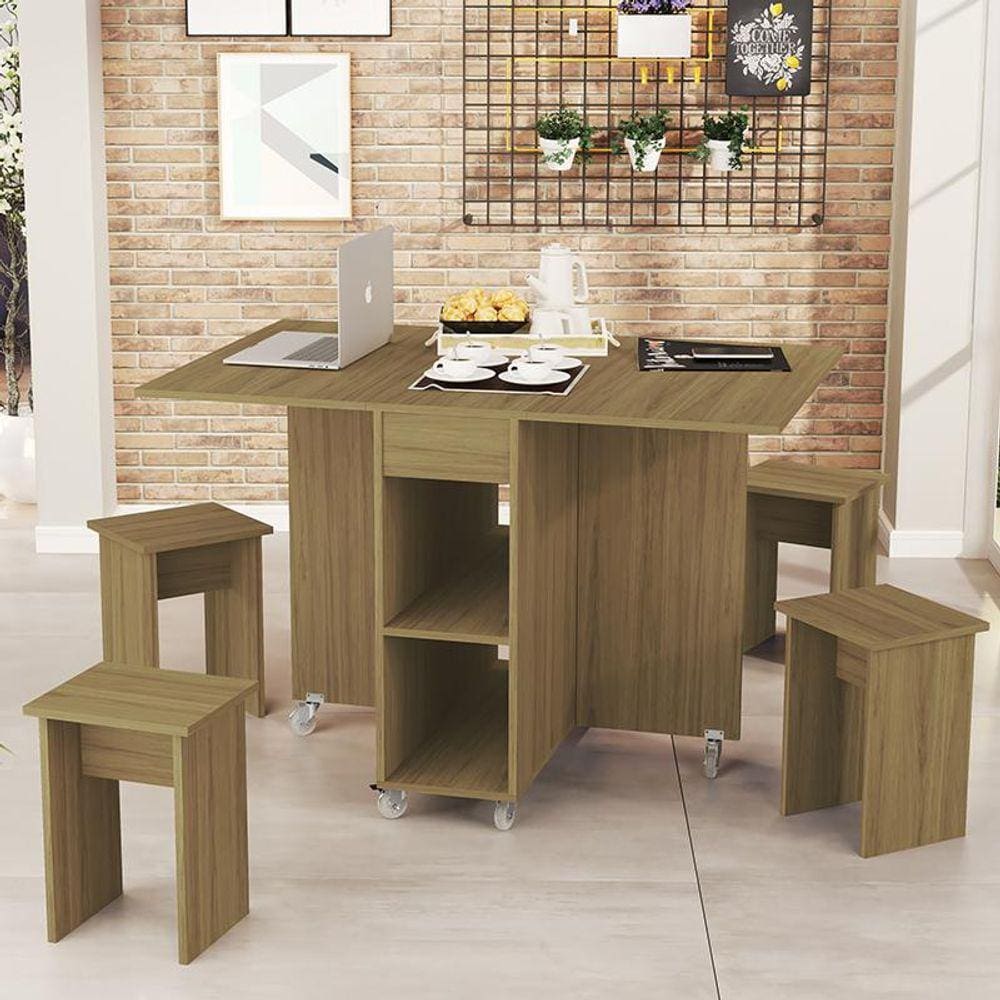 Mesa Dobrável Jade Com 4 Bancos De Encaixe e Rodízios