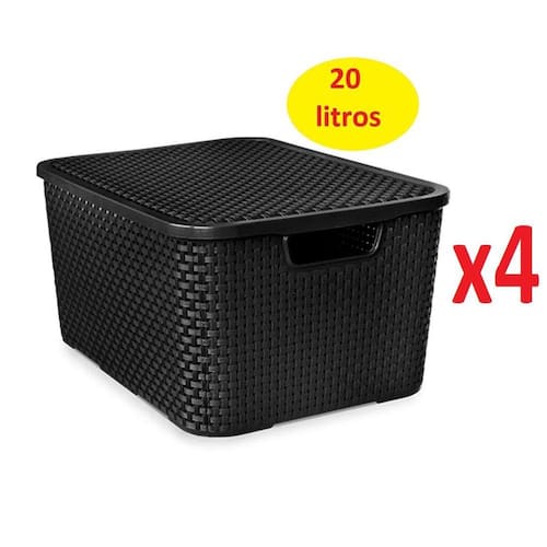 Kit 4 Caixas Organizadora Plástico Rattan 20 Litros Preto