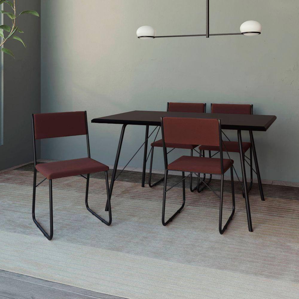 Mesa Jantar Paraty 137Cm Tampo Preto Com 4 Cadeiras Angra Estofadas Preta E Marrom - Preto