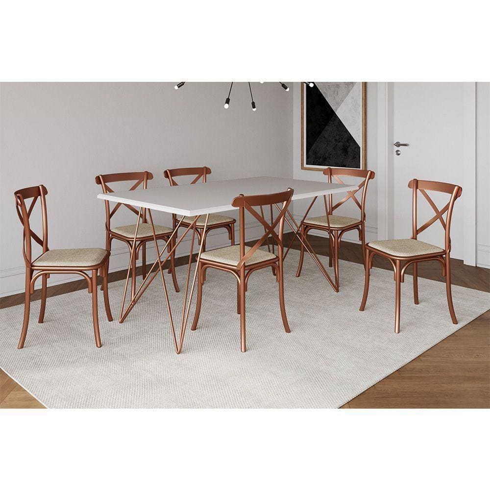 Conjunto Mesa De Jantar 6 Cadeiras Katrina Cobre Trama Premium Cobre E Branco 150 Cm - Preto