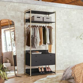 Closet Industrial Aberto Solteiro Cabideiro + 2 Gavetas - Preto - Cor: Preto