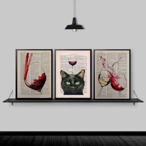 Kit 3 Quadros Decorativos Vinhos E Gato 24X18Cm - Com Vidro