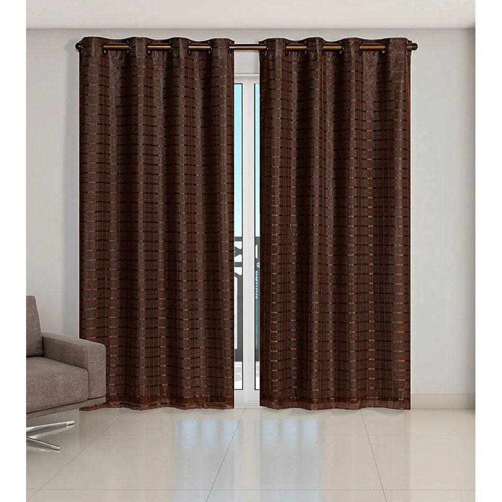 Cortina Voil Xadrez Com Forro Blackout 6,00 X 2,80 Tabaco
