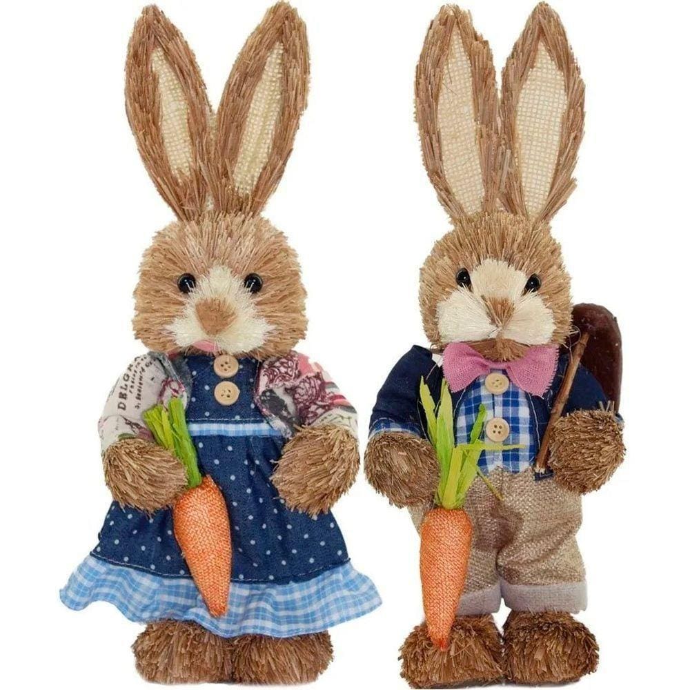 Casal De Coelhos De Páscoa Decoração Enfeite Coelhinhos - 33cm