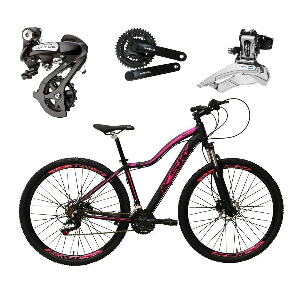 Bicicleta Aro 29 Ksw Mwza Feminina Alumínio Câmbio Traseiro Shimano Alívio e Altus 27v Freio Hidráulico Garfo Com Trava - Preto/Rosa