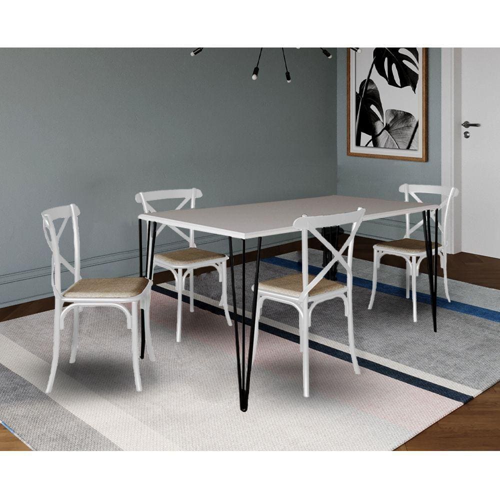 Conjunto De Mesa Elen Retangular 150X90Cm Branco Com 4 Cadeiras Katrina Branca Asse - Branco