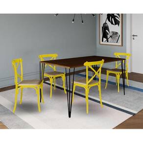 Conjunto De Mesa Elen Retangular 140X80Cm Amêndoa Com 4 Cadeiras Katrina Amarela As - Marrom