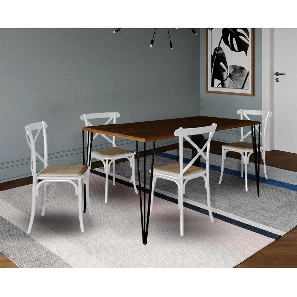Conjunto De Mesa Elen Retangular 150X90Cm Amêndoa Com 4 Cadeiras Katrina Branca Ass - Marrom