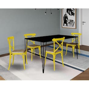 Conjunto De Mesa Elen Retangular 140X80Cm Preto Com 4 Cadeiras Katrina Amarela Asse - Preto