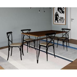 Conjunto De Mesa Elen Retangular 140X80Cm Amêndoa Com 4 Cadeiras Katrina Preto Asse - Marrom