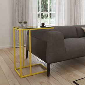Mesa Lateral Industrial Elena De Vidro Base Ferro Amarelo - Preto
