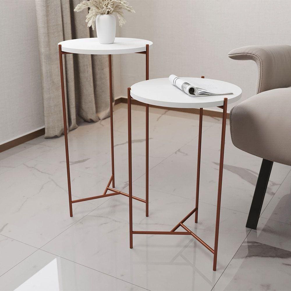 Mesa Lateral Redonda Áquila Cobre E Tampo Branco - Branco