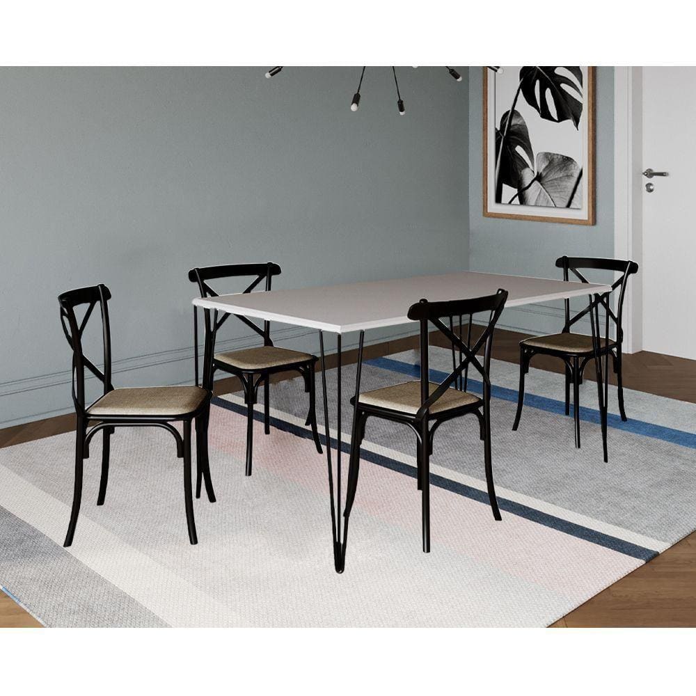 Jogo De Mesa Elen Retangular 150X90Cm Preto Com 4 Cadeiras Katrina Preto Assento Be - Preto