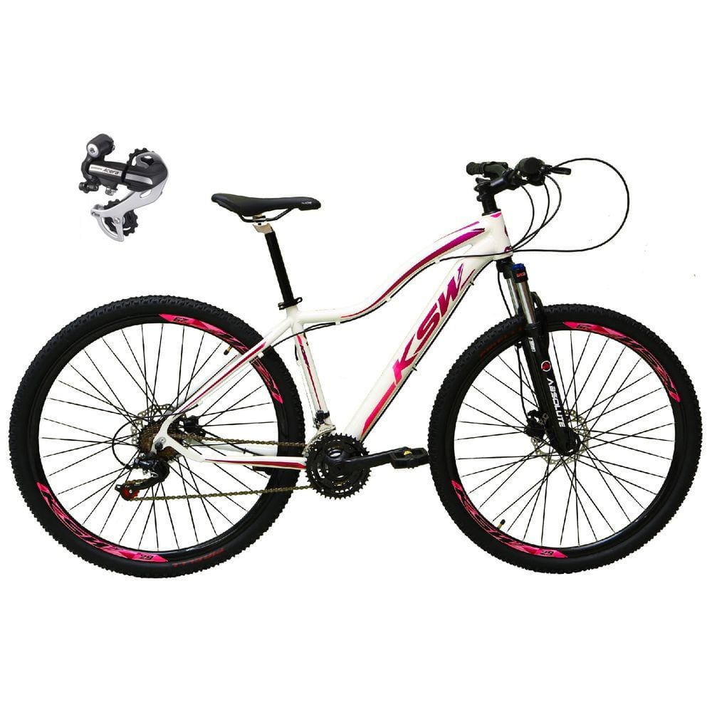 Bicicleta Aro 29 Ksw Mwza 24v Câmbio Shimano Acera K7 Garfo Trava Freio a Disco - Branco/Pink/Violeta