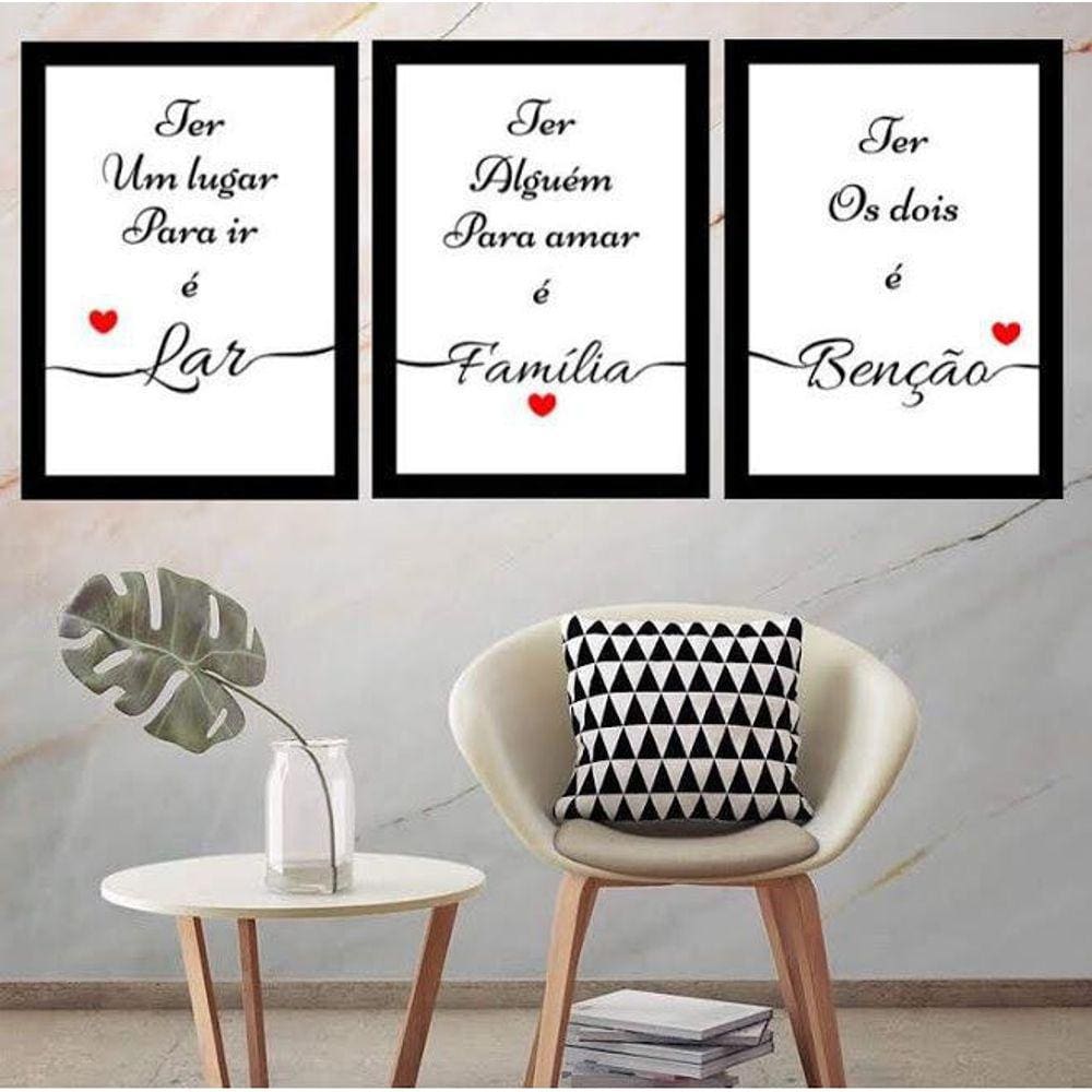Quadros 60x40cm Lar Família Benção com 3 Peças Sem Vidro