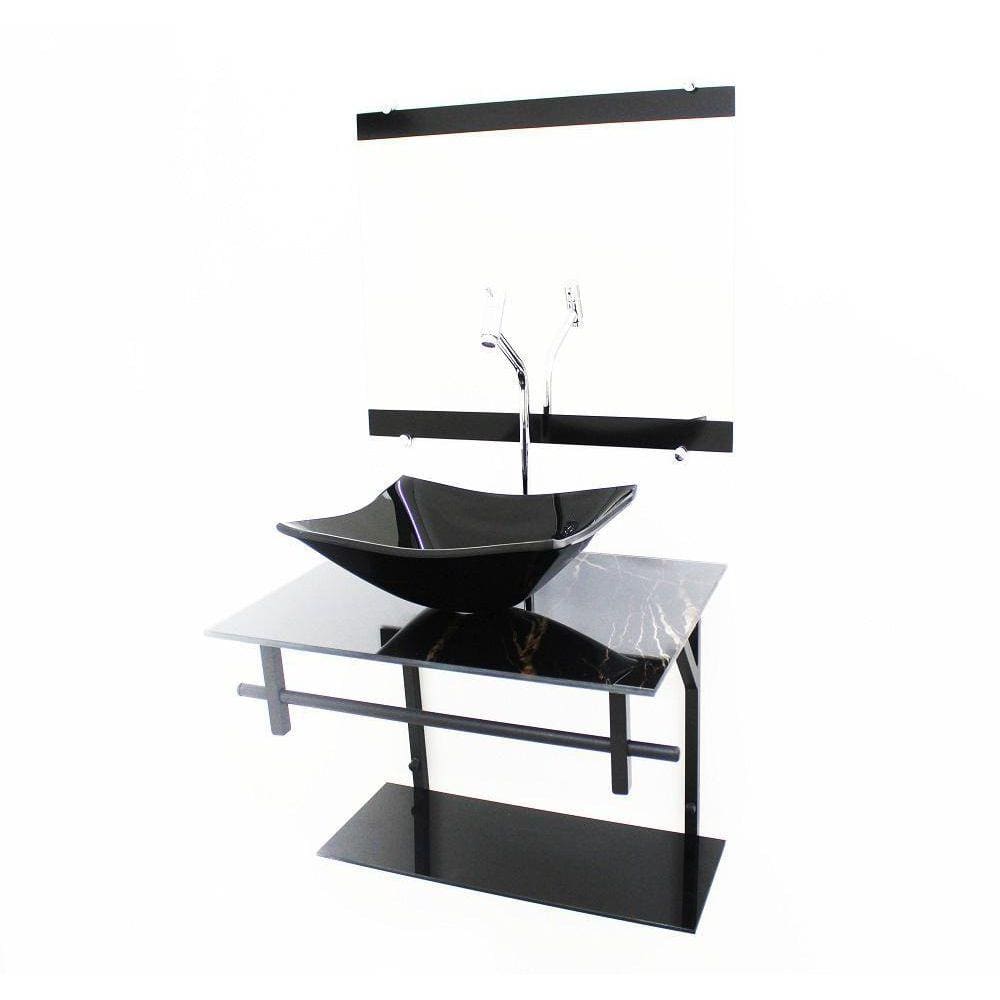 Kit Gabinete 60Cm Cuba Retangular Mármore Preto + Torneira