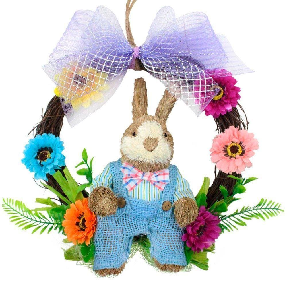Guirlanda Artesanal Enfeite Páscoa Coelhinho Palha Florida 25cm