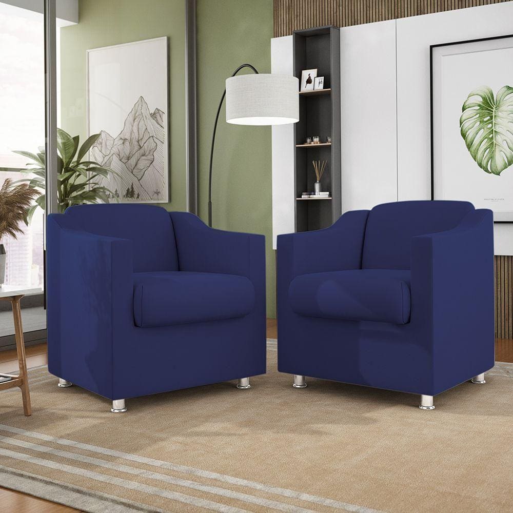 Kit 02 Poltronas Recepção Consultório Suede Balaqui Decor Cor:azul Marinho