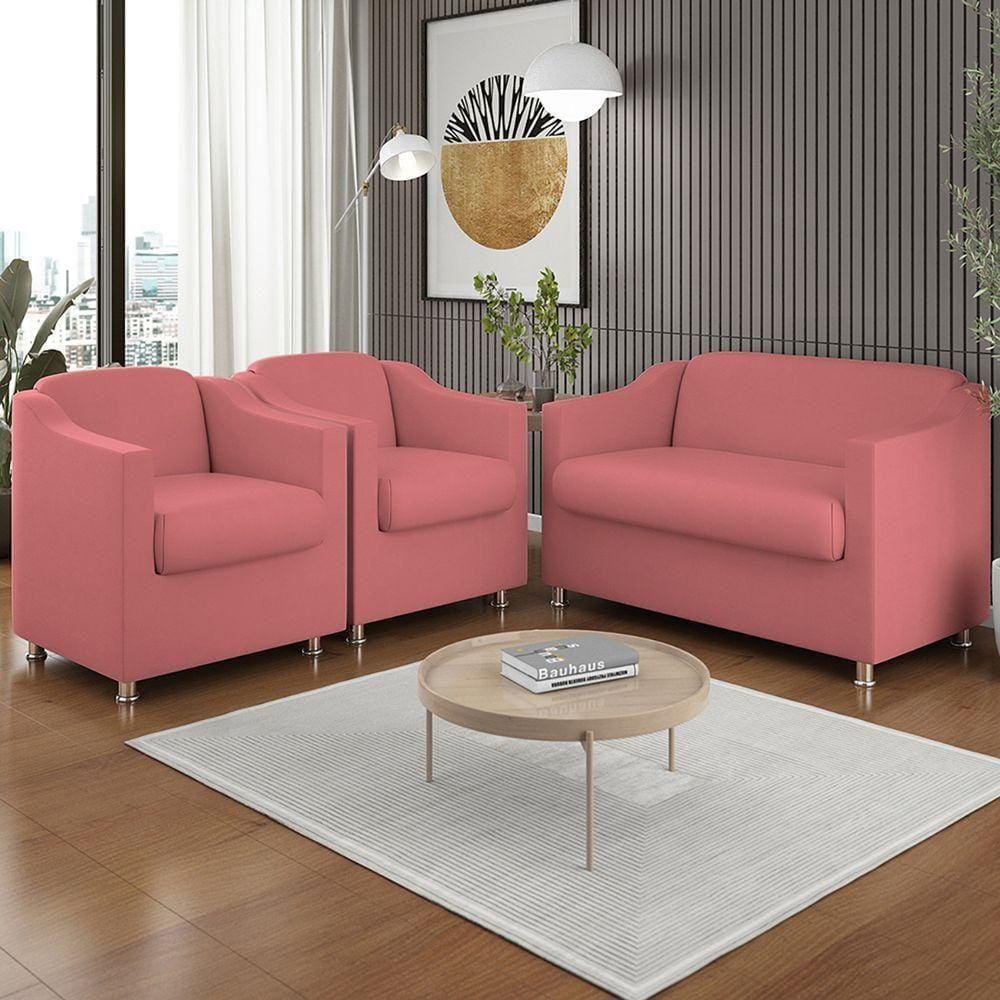 Kit 02 Poltronas Reforçada Clinica + Namoradeira Suede Tilla Cor:rosa