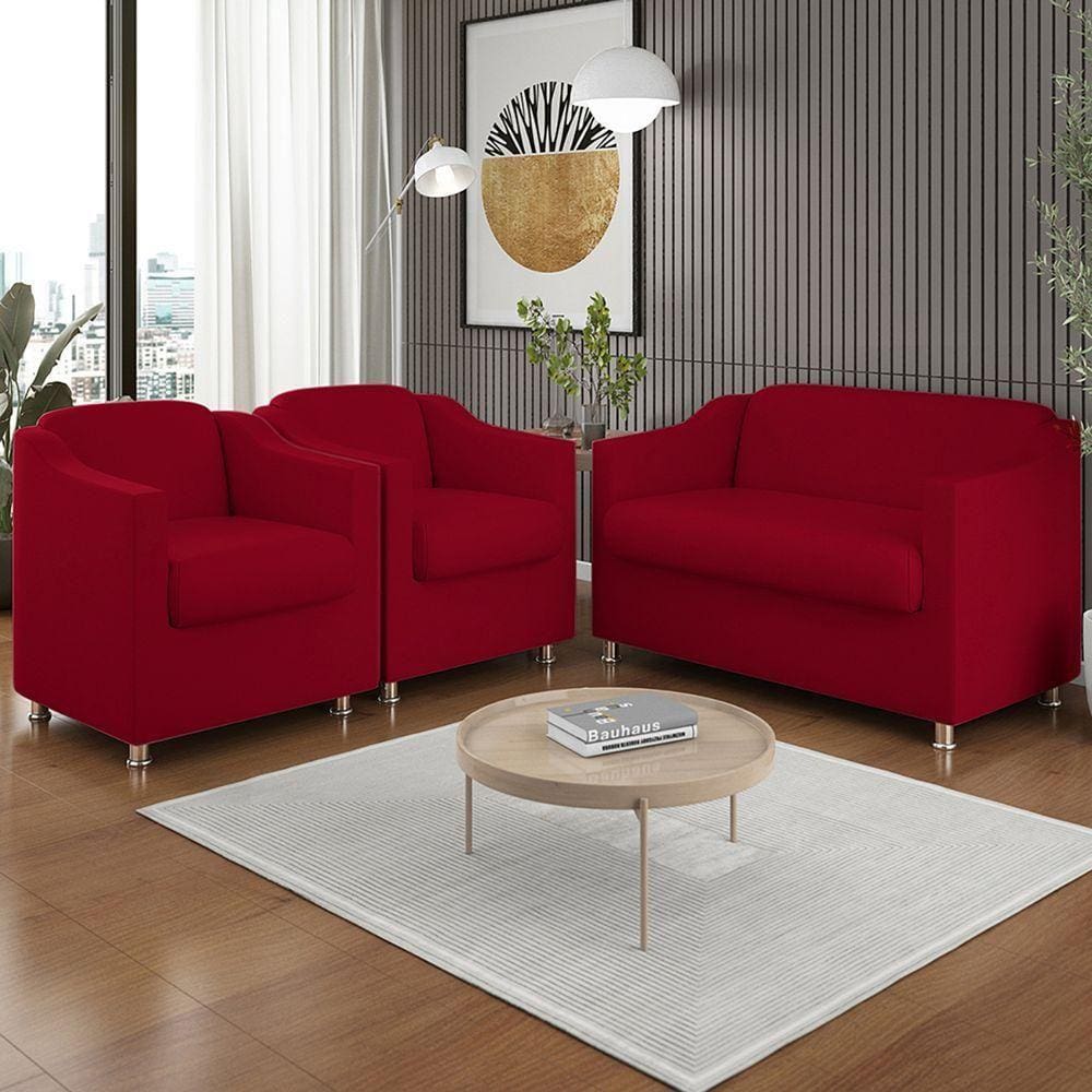 Kit 2 Poltronas Decorativa Tilla + Namoradeira Sala De Estar Cor:vermelho