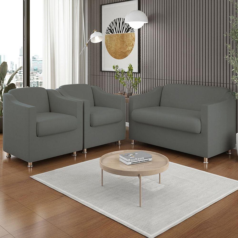 Kit 02 Poltronas Reforçada Clinica + Namoradeira Consultório Cor:cinza