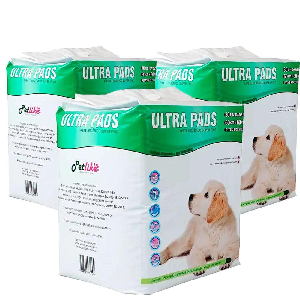 Kit 3 Un Tapete Higiênico Ultra Pads 80X60Cm C/30