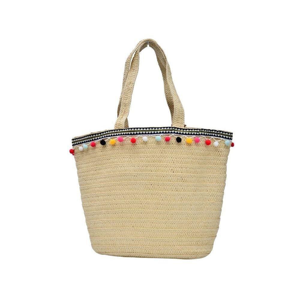 Bolsa Em Palha Com Pompons Tote Bag Pagani Pg6926 Bege